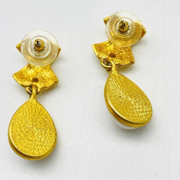 Faux Pearl Drop Earrings Brushed Gold Tone X Glam Bling Sparkle Holiday Party - Picture 2 of 7